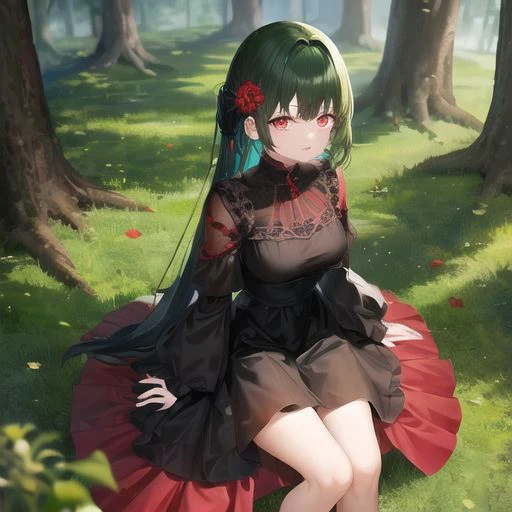 dark green hair:1.5, red eyes, 1girl, forest, black dress dress, happy, best quality, highres, sit,