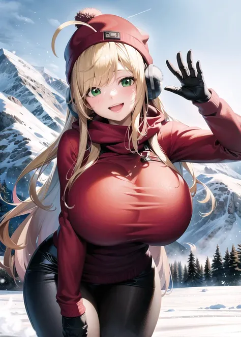 masterpiece, best quality, official art, extremely detailed CG unity 8k wallpaper, detailed background, (hand by Guido Daniele),(detail fingers), (dynamic angle), 1 mature girl, (curvy), (winter sports), (skiing:1.21), (holding ski pole:1.15), (red ski-wea...