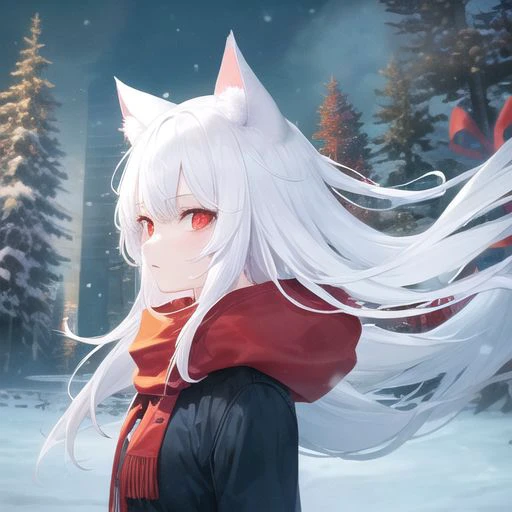 white hair, red eyes, cat ears, 1girl, winter, snowstorm, cloudy, forest, looks powerful, sense of oppression, best qulity,