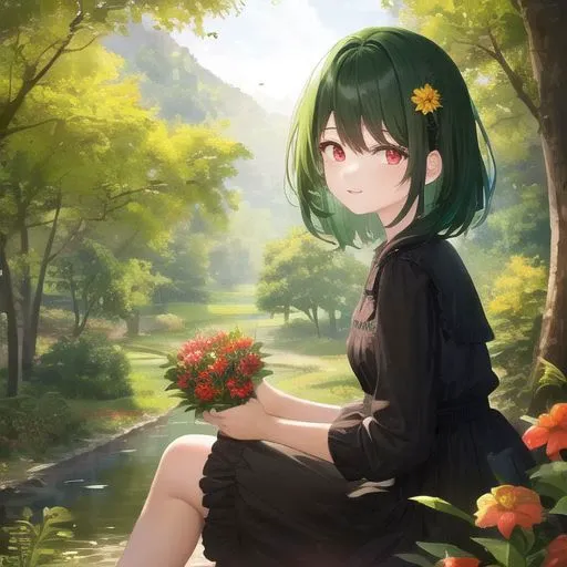 dark green hair:1.5, red eyes, 1girl, forest, black dress, happy, best quality, highres, sit, flower,