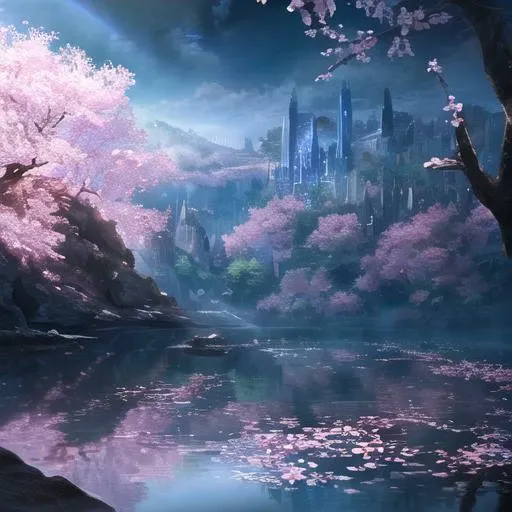 beautiful landscape, cherry blossoms, otherworldly lighting, fantasy world, detailed