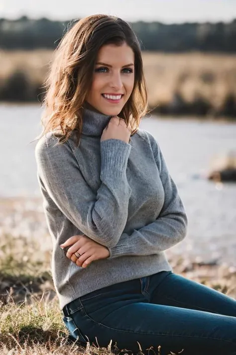 a woman sitting on the ground in a field with a lake in the background