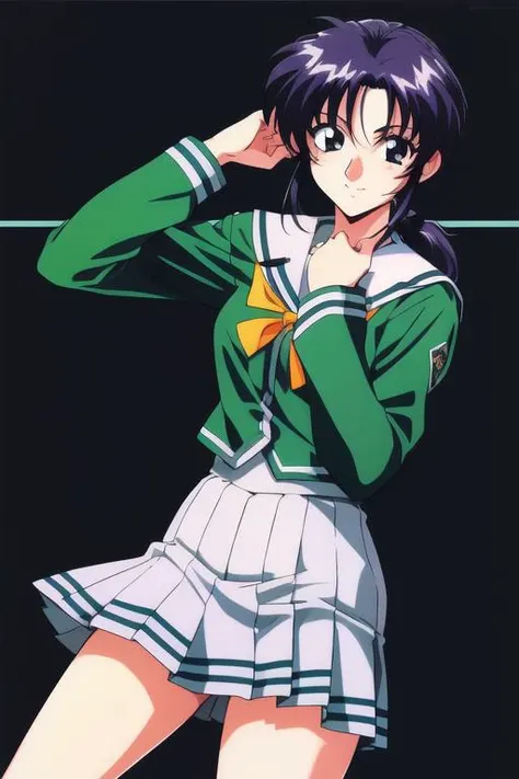 <lora:Tachibana_Yumi:0.8>,  TachibanaYumi, 1girl, solo, school uniform, 1990s (style),  green shirt, skirt, smile, short hair, long sleeves, looking at viewer, black eyes, pillarboxed, pleated skirt, ponytail,
masterpiece, high quality, very_high_resolutio...