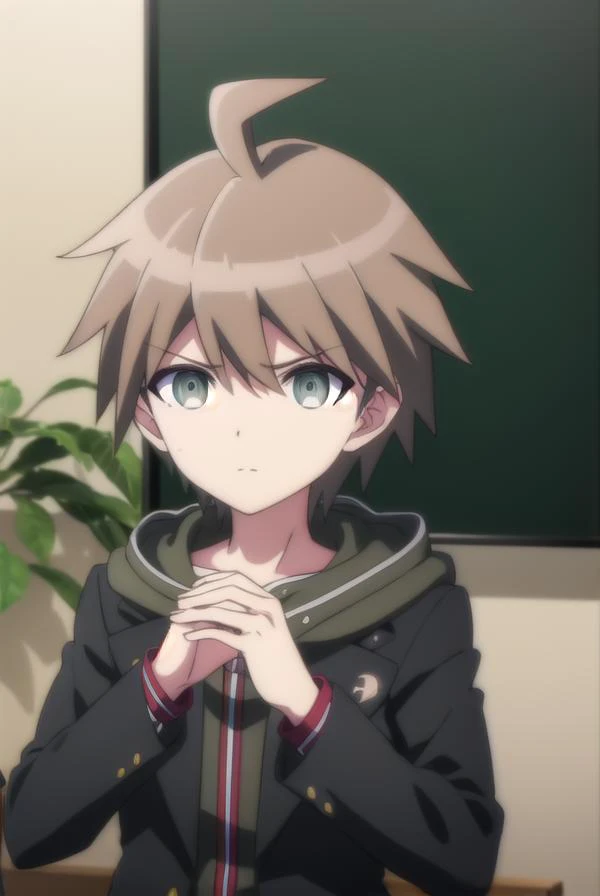 makotonaegi, <lora:makoto naegi s1-lora-nochekaiser:1>,
makoto naegi, short hair, bangs, brown hair, hair between eyes, (brown eyes:1.3), ahoge, male focus,
BREAK long sleeves, collarbone, jacket, black jacket, hoodie, hood down, green hoodie,
BREAK outdoo...