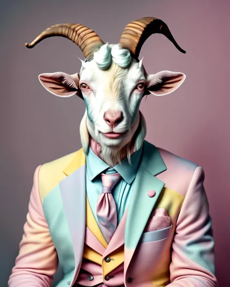 photo portrait, a goat with a tie and a suit on sitting down with a blue background and a blue background behind it, a man in a pink jacket and yellow tie and blue shirt and pink jacket and pink jacket , Annabel Kidston, professional photo, a character po...