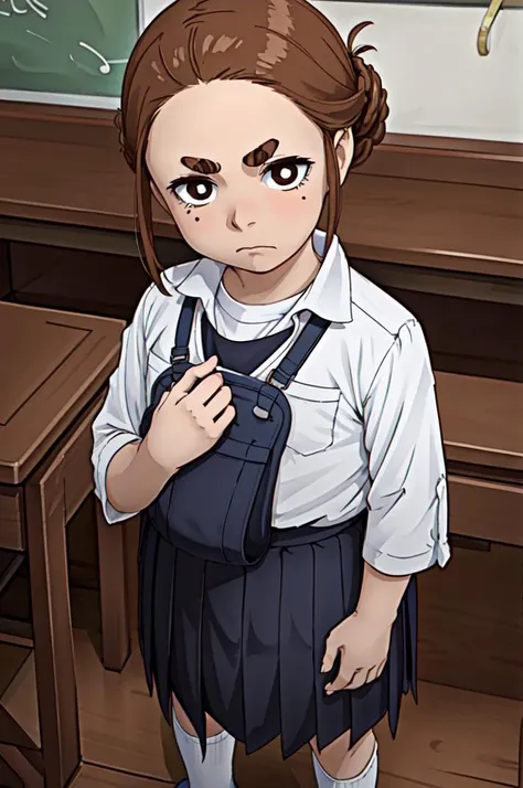 ( AS-YoungestV2:1.1), <lora:ogawa:0.8> ogawa, looking_at_viewer, single_hair_bun, mole_under_eye, thick_eyebrows, 1child, solo, standing, clothes, school uniform, serious face, (masterpiece:1.2),(best quality:1.2),intricate details,newest,perfect anatomy