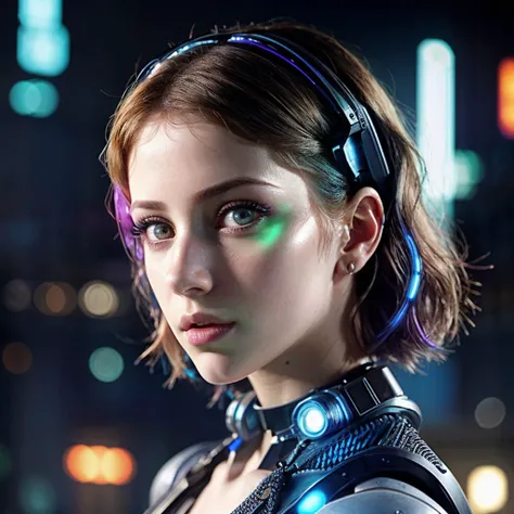 EmilyRchz, RAW 4k photo, close-up, (cyberpunk:1.4), (cyborg:1.5), pale skin, jumpsuit, looking at viewer, from side, artistic composition, reflective surfaces, holographic-HUD, neon, volumetric light, bokeh, (Ultra-HD-details, Ultra-HD-realistic:1.3), (per...