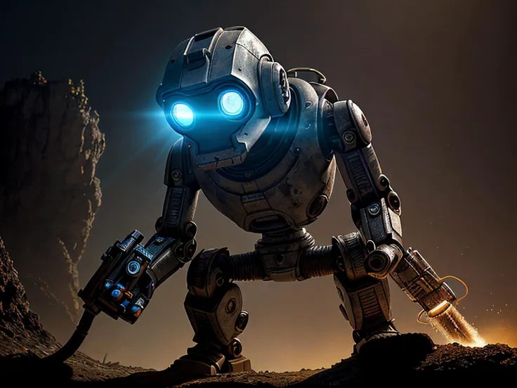 RAW photo of  robot ,Long shot , the image depicts a large, metallic robot with glowing blue eyes standing in front of a large, industrial-looking building with smokestacks, The robot is wearing a pair of goggles on its head and has a large, metallic arm e...