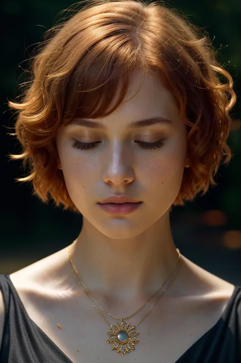 [face closeup],closed eyes,beautiful girl,(golden skin),redhead,short hair,[curly bob cut],dark theme, [detailed skin], empty background,[4k],[full hd],[posing],[sharp image],[high quality],[detailed],[dramatic lighting],[dslr],[professional photographer]