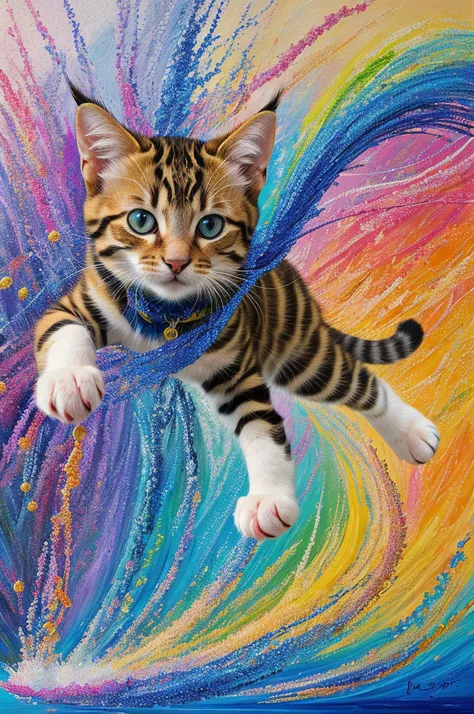 An artwork featuring Movement expressed through Gradation, inspired by a playful kitten, done in Neo-Impressionism.