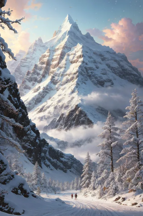 fantasy painting by greg rutkowski, a Snow-covered peak in Tropical area