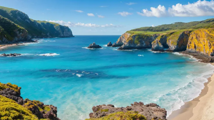 a view of a beach with a body of water and a cliff