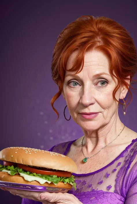 portrait of a 50yo woman, redhead, detailed skin, (wrinkles:1.3), looking at the camera, food-themed background, purple background,