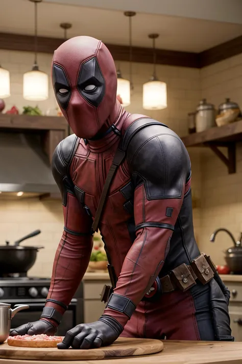 arafed deadpool in a kitchen preparing a sandwich