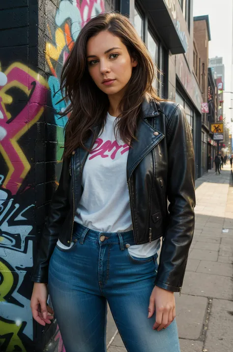 arafed woman in a black leather jacket and jeans standing in front of a graffiti covered wall