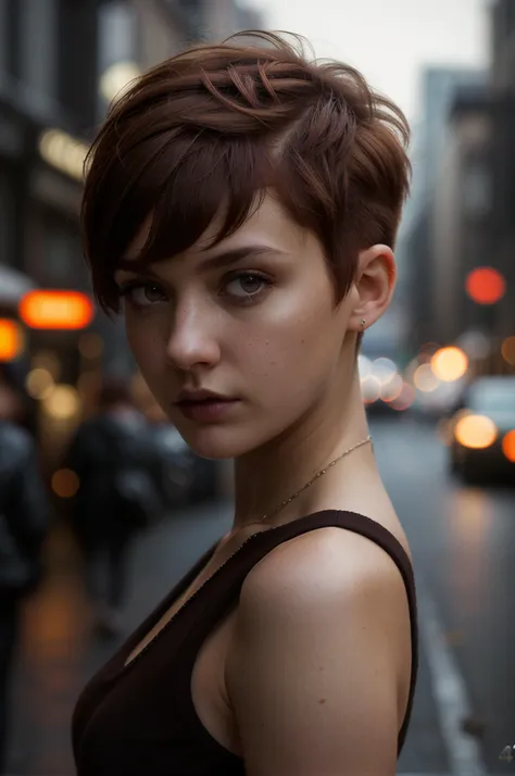 a close up of a woman with a short haircut on a city street