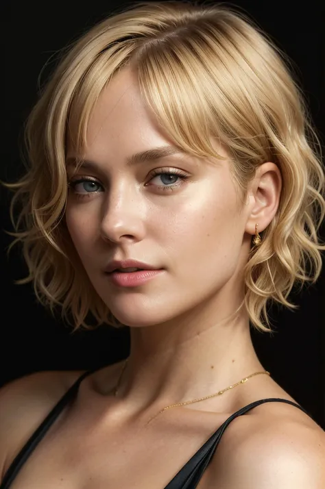 [face closeup], looking at the camera, beautiful 40yo woman, (golden skin), blonde hair, short hair, [curly bob cut], dark theme, [detailed skin], empty background, [4k], [full hd], [posing], [sharp image], [high quality], [detailed], [dramatic lighting], ...