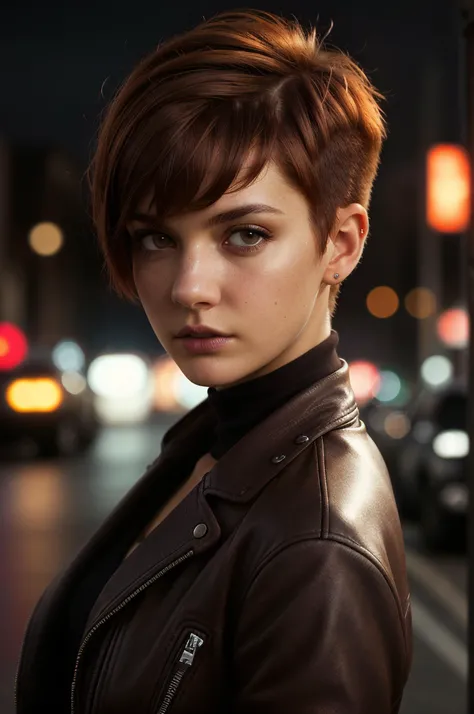 (Close-up), (intense gaze), young woman, ((dark brown eyes)), redhead, (short haircut), (pixie style), urban setting, (4k), (ultra hd), (confident pose), (high resolution), (detailed), (moody lighting), (professional camera), (street style), ((urban fashio...