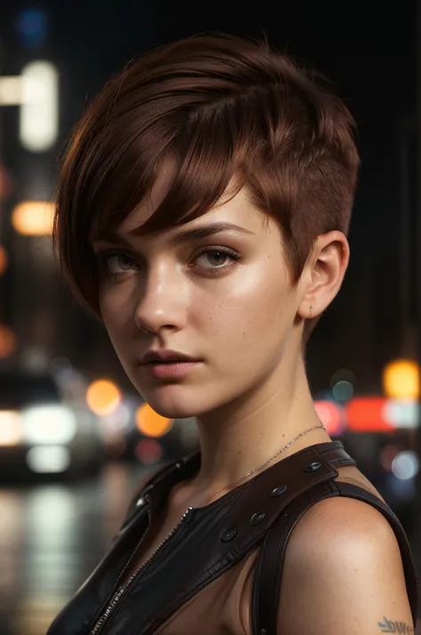 (Close-up), (intense gaze), young woman, ((dark brown eyes)), redhead, (short haircut), (pixie style), urban setting, (4k), (ultra hd), (confident pose), (high resolution), (detailed), (moody lighting), (professional camera), (street style), ((urban fashio...