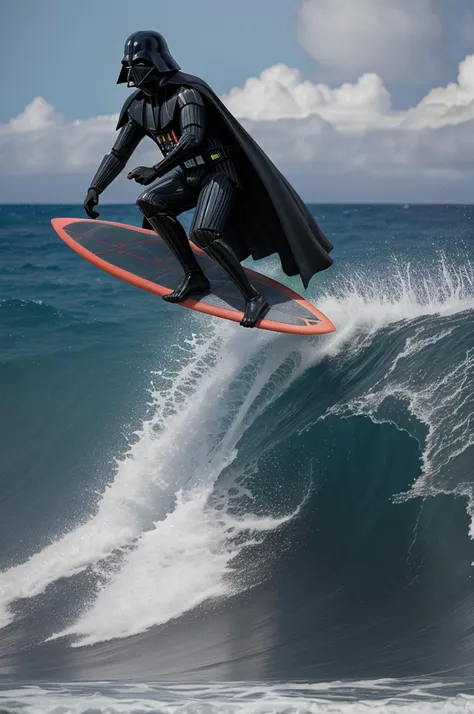 darth vader riding a wave on a surfboard in the ocean