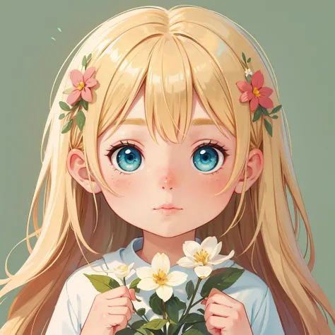 girl, blonde hair, blue eyes, cotton, portrait, illustration, digital art, soft colors, green background, holding flowers,chibi,