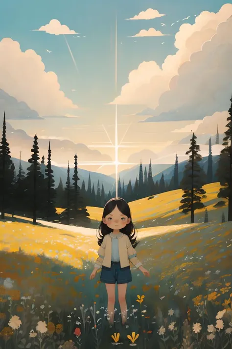 <lora:æå¹³æ£®æ_V1:1>,guchen,Animated character in nature,child gazing upward,blue sky with clouds,sunbeams,grassy field,contemplative expression,adventurous spirit,warm sunny day,digital art illustration,anime style,casual clothing,long hair,standing,s...