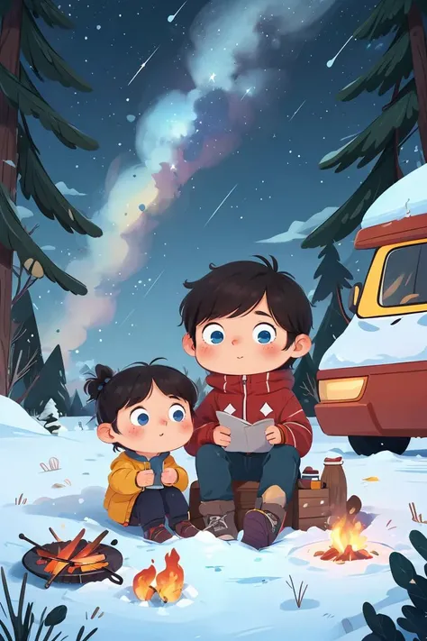 A boy and a girl look up at the starry sky together,whole body Laurie,camping,starry sky,barbecue,winter,snow,night,childrens illustrations,masterpiece,best quality,chibi,<lora:å
¨ç½é¦åï½å¿ç«¥æç»ç»æ¬_v1.0:0.5>,blue eyes,