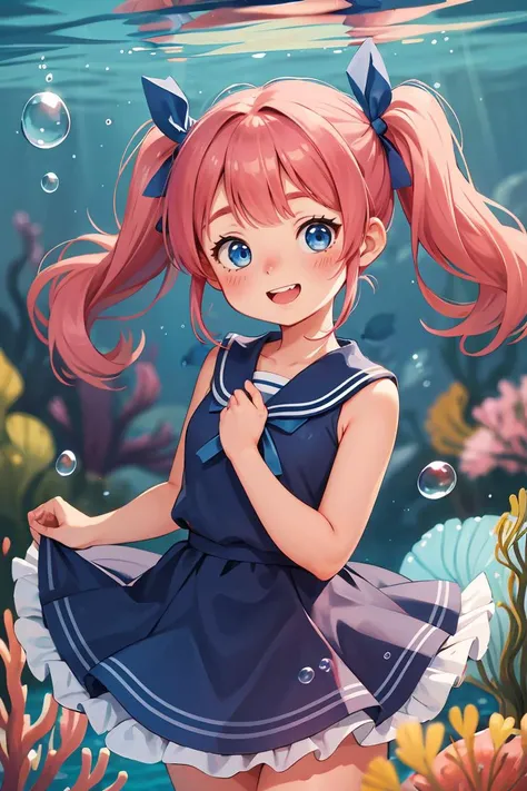 1girl,solo,dress,smile,long hair,bangs,bare arms,ribbon,teeth,bare shoulders,skirt hold,frills,water,blush,frilled dress,blue sailor collar,floating hair,depth of field,bow,blurry,blue ribbon,twintails,sleeveless,underwater,fish,blue eyes,bubble,air bubble...