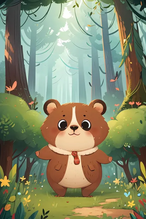 a cartoon bear standing in the middle of a forest with trees