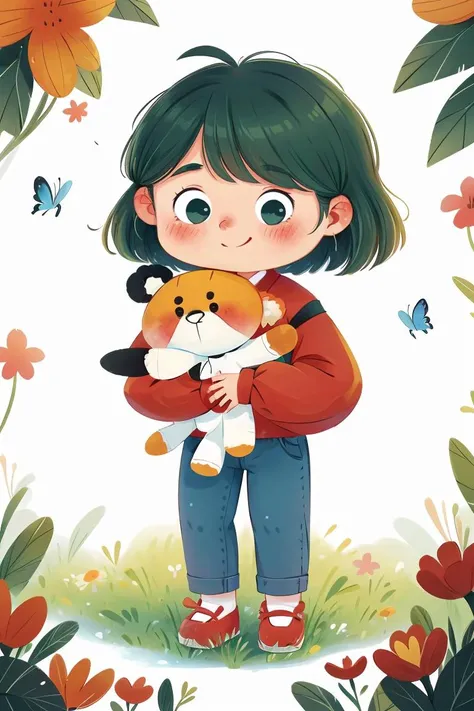 tongxin,flower,solo,smile,stuffed toy,bug,1girl,green hair,red footwear,pants,stuffed animal,white background,holding,holding stuffed toy,blush,child,butterfly,shirt,standing,animal,long sleeves,chibi,<lora:å¨ç½é¦åï½å¿ç«¥æç»ç»æ¬_v1.0:0.7>,