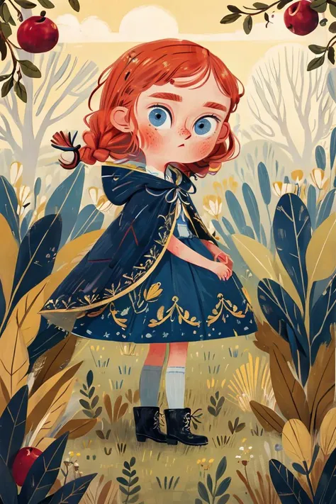 a painting of a little girl in a blue dress standing in a field