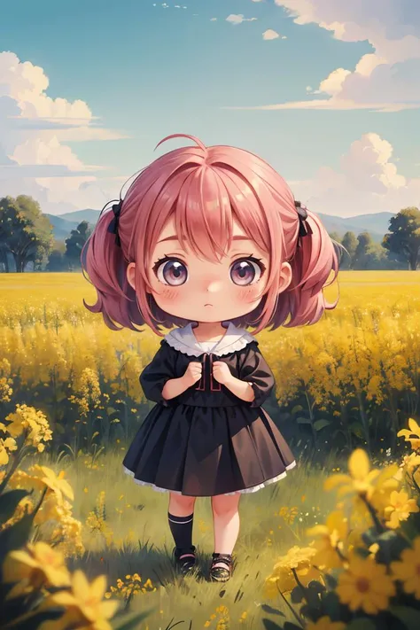 a girl in a field of flowers with a sky background