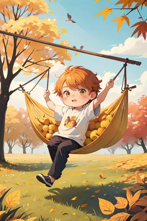 (chibi:1.2),Draw a boy swinging in a hammockï¼Birds nearby, Praise Artstyle, Lofi art, animeaesthetic, autumnalï¼Sunnyday, On a sunny day, Yellow leaves and meadowsï¼Yellow fruits grow on treesï¼lofi feel, on a bright day, High-quality fanart,autumnalï...