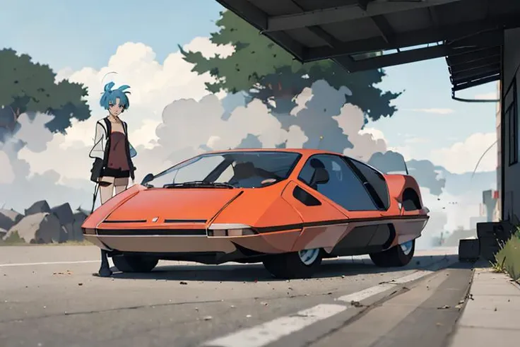 anime - style car with a woman standing next to it