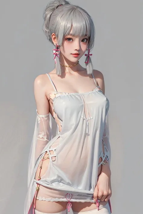 (nsfw:1.3), (photorealistic:1.2), (masterpiece, best quality:1.3), 1girl, (laced dress, nighty, night gown:1.3), <lora:ayaka.K1ZB:0.7>, embarrassed, nose blush, light smile, (white hair:1.2), (breasts out:1.2), (dress lift:1.1), (panty:1.1), white thighhig...