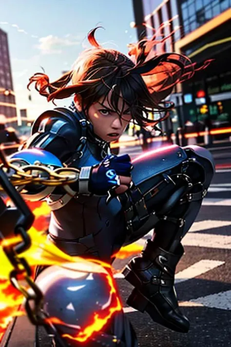 photo of a girl in bodysuit,fighting stance, extremely detailed, city background, chains, cloud <lora:flamingEyeConcept_flamingEye:1>, flaming eye,