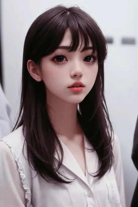 a woman with long hair and bangs wearing a white shirt