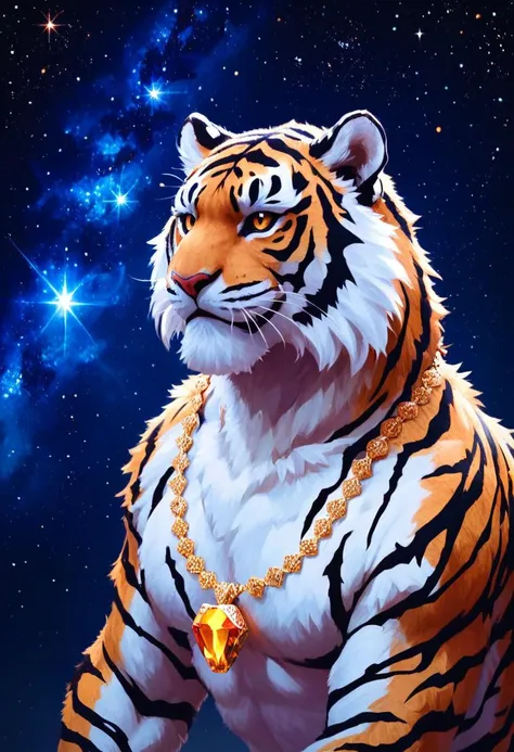 score9,score8up,score7up,score6up, tiger wearing crystal pendant necklace, starry sky