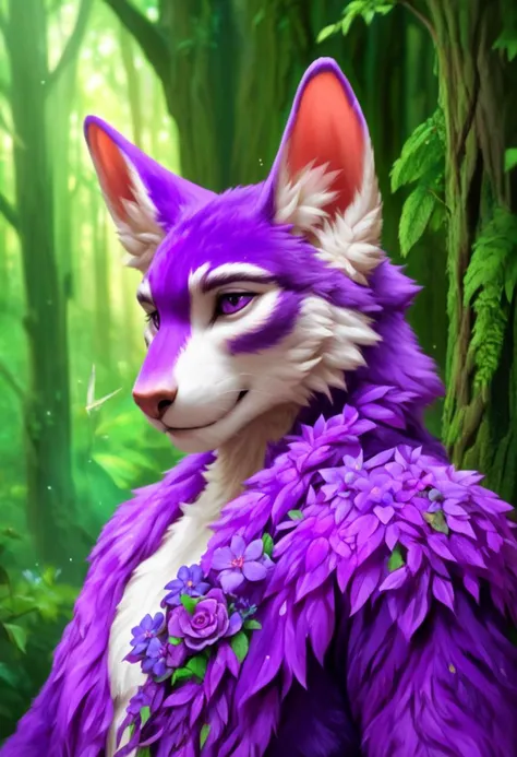 score9, score8up, score7up, score6up, score5up, score4up, beautiful anthro Leshy (Slavic Forest Spirit) portrait, sourcefurry, Faux fur, deep purple and blush, Radiant Garden