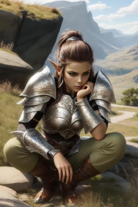 a woman in armor kneeling on a rock in a field