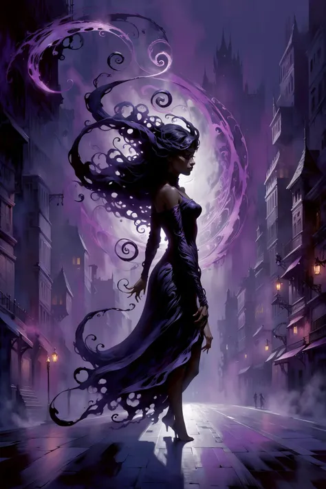 city street, dark shadow of a woman, floating_black_arcane_swirls, dark_magic_glow,   <lora:add-detail-xl:1> misc  <lora:Elemental Wisps:0.6> DonMW15pXL <lora:EnvyShadowMinimalismXL01:1> shadow minimalism <lora:Retro_Illustration:1> 2d game scene, oil and ...