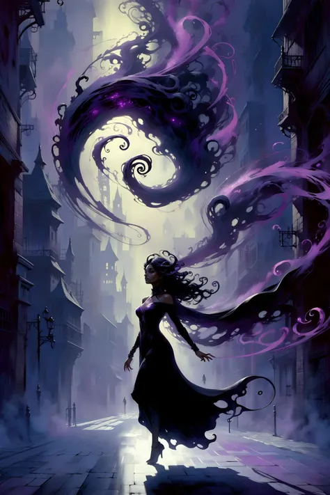 city street, dark shadow of a woman, floating_black_arcane_swirls, dark_magic_glow,   <lora:add-detail-xl:1> misc  <lora:Elemental Wisps:0.6> DonMW15pXL <lora:EnvyShadowMinimalismXL01:1> shadow minimalism <lora:Retro_Illustration:1> 2d game scene, oil and ...