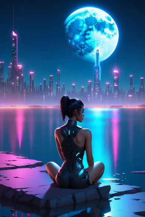 woman sitting at the beach of a lake, looking at the skyline of a cyberpunk city at night, blue sky, moon, scenery, neon light shine into the sky <lora:EnvyShadowMinimalismXL01:0.8> shadow minimalism, (masterpiece:1.2), best quality, (hyperdetailed, highes...