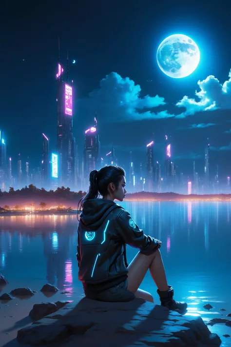 woman sitting at the beach of a lake, looking at the skyline of a cyberpunk city at night, blue sky, moon, scenery, neon light shine into the sky <lora:EnvyShadowMinimalismXL01:0.8> shadow minimalism, (masterpiece:1.2), best quality, (hyperdetailed, highes...