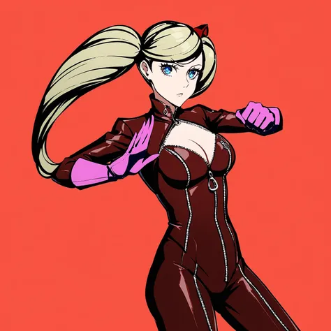 1girl,solo,
high contrast,artist:(Hisato Murasaki:1.3),mika pikazo,migolu, wanke, maccha (mochancc),
dspanther,persona 5,blonde hair, long hair, twintails, swept bangs, blue eyes, red bodysuit,pink gloves, zipper, cleavage, clothing cutout,(red panther mas...