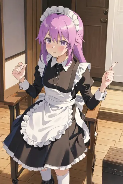 best quality, masterpiece, highres, solo, {maid:1.40}, {long maid dress:1.15}, {hirasaka_yotsuyu_alicegearaegisexpansion:1.15}, purple_hair, purple_eyes, long_hair, blush