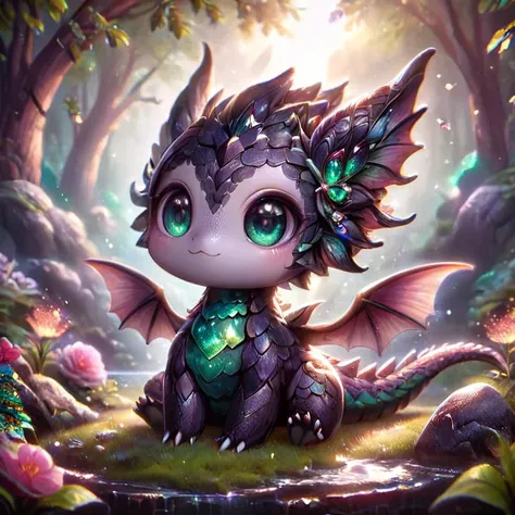 a close up of a dragon with green eyes sitting in a forest