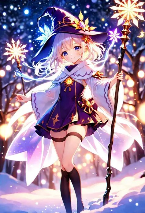 anime, cute girl, wizard hat, robe, thigh-highs, holding ancient staff, happy, midnight, bloom, ambient occlusion, glow, glowing lights, light particles, transparent, translucent, bokeh, depth of field, snow, wind