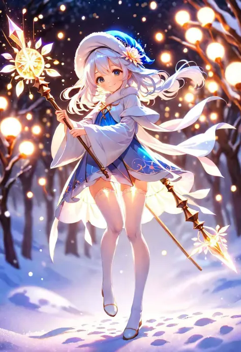 anime, cute girl, wizard hat, robe, thigh-highs, holding ancient staff, happy, midnight, bloom, ambient occlusion, glow, glowing lights, light particles, transparent, translucent, bokeh, depth of field, snow, wind