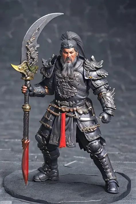 GuanYu,1man,very Long beard,grizzled beard,(green metal armor, metal dragon head on the shoulder, holding  falchion, (colored skin, ),(long heavy black beard):1.2), gloves, long pants,<lora:lu_20230618023935:0.9>, action figure box, no humans, (reference s...